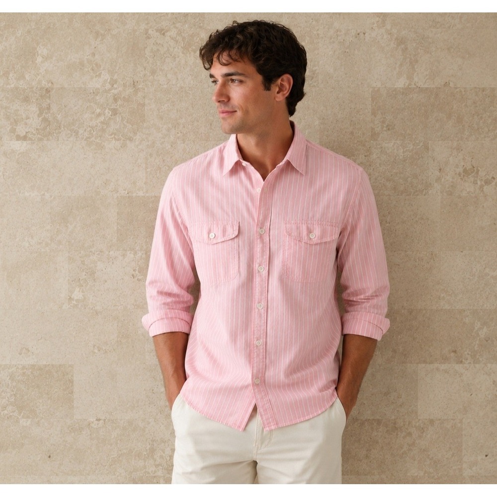 J Crew Oarsman Mens Pink White Striped Vented Cotton Button Down Shirt Medium